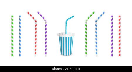 Drinking Striped and color straws for beverage. Straw and cup isolated on white background. Plastic fast food cup for cocktail or soda with straw. Stock Vector