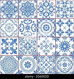 Portuguese and Spanish azulejo tiles seamless vector pattern collection in blue and white, traditional floral design big set inspired by tile art from Stock Vector