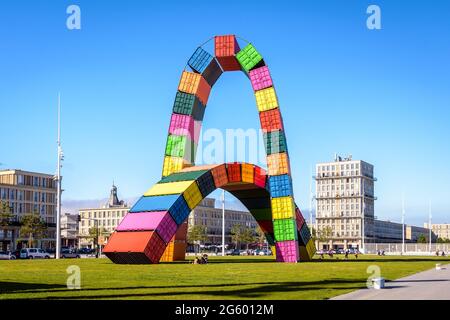 The 'Catène de containers' is an art installation made of two arches of containers in Le Havre, France. Stock Photo