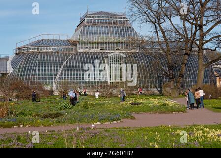 St. Petersburg, Russia, 8th May, 2018: People walking and resting in the Peter the Great Botanical Garden at the green houses. Built in 18th century, the green house complex is largest in Northern countries Stock Photo