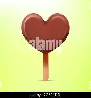 Realistic chocolate ice cream heart with popsicle stick. Vector illustration. Stock Vector