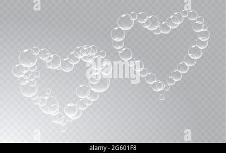 Set of soap foam pieces shaped as heart. Vector realistic soap suds. Valentine day symbol. Transparent background. Stock Vector