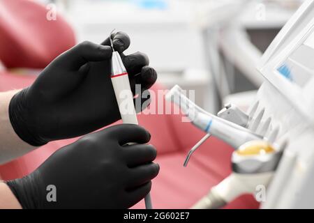 Dentist's office: modern equipment and instruments. Treatment in a dental clinic. Close-up. Stock Photo