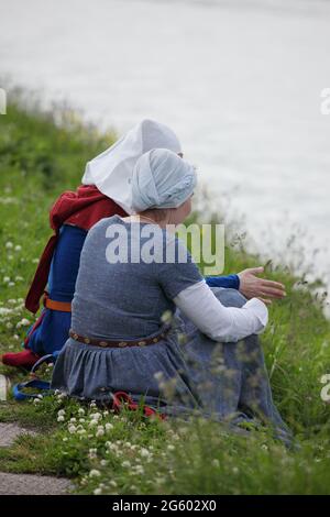 St. Petersburg, Russia - July 8, 2017: Women in medieval clothes during the military history project Battle On Neva at St. Peter and Paul fortress. Stock Photo