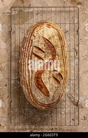 Flat plan view of handmade artisanal sourdough bread on a light brown marble work surface. Freshly baked on cooling rack. Stock Photo