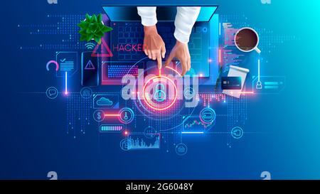 Hacked laptop by a hacker. Hacker hacking computer, broke password and attack internet security system. Phishing scam. Cyber criminal gets access to Stock Vector