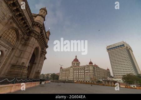 A wide angle view of Gate way of India and Taj Mahal Palace Hotel in Mumbai Maharashtra India on 2 April 2921 Stock Photo