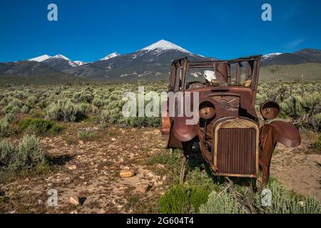 Abandoned rusty car, cow skull inside, in Snake Valley, near Great Basin National Park and town of Baker, Nevada, USA