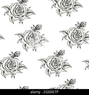 Black and white rose flower seamless pattern on white, botanical background with hand drawn roses, leaves and branches, floral ink sketch illustration Stock Photo