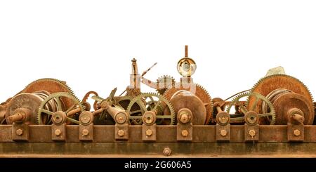 Rusty ancient church clock mechanism isolated on a white background Stock Photo