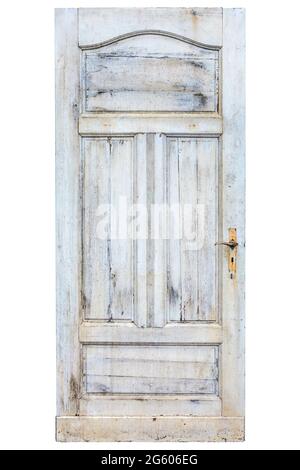 Old weathered door with cracked white paint isolated on a white background Stock Photo