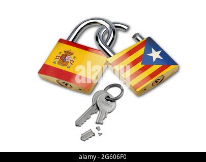 Interlocking padlocks with flag of Spain and with flag of Catalonia isolated on white background. Conceptual image of the political conflict between S Stock Photo
