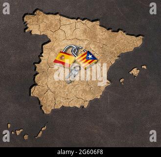 Conceptual image of the political conflict between Spain and Catalonia. Padlocks on map of Spain. Declaration of independence on 27 October 2017.