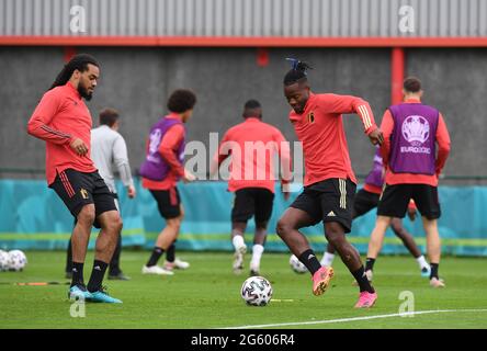 Belgium's Jason Denayer and Belgium's Michy Batshuayi pictured during a training session of the Belgian national soccer team Red Devils, in Tubize, Th Stock Photo
