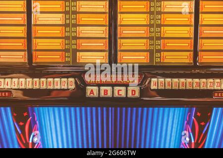 Retro styled image of an old jukebox with empty music labels Stock Photo