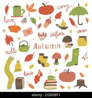 Autumn set Cute hand drawn elements. Autumn clip art for web card poster cover tag invitation sticker Vector illustration. Stock Vector