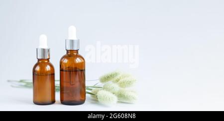 Two glass brown dropper bottles mockup next to dried flowers. Set of luxury organic cosmetic products on light gray background