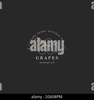 Vector packaging design element and icon in linear style - grape seeds oil - healthy vegan food. Logo sign Stock Vector