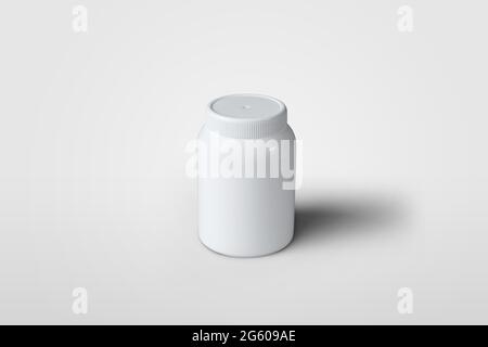 Mockup of white can, isolated on background, top view, for presentation of design or pattern. Vitamin or pill bottle template, jar for use in medicine Stock Photo