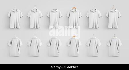 White male polo t-shirt template, front and back views, hanging on different hangers, for advertising in an online store. Mockup of casual clothes, is Stock Photo