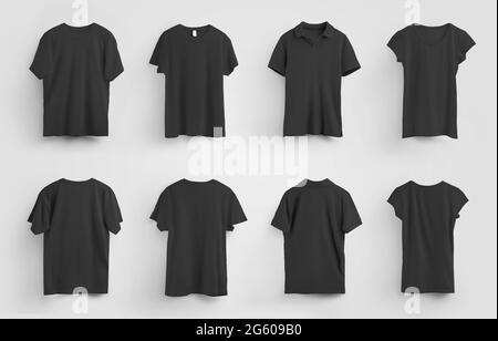 Mockup of black womens and mens t-shirts, blank clothes, for design and pattern presentation. Polo template on white background. Set of branded clothi Stock Photo