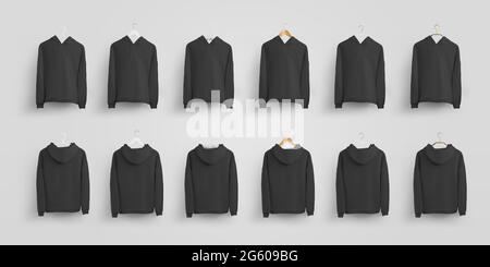 Black blank hoodie template on different hangers, isolated on white background. Mockup of hanging stylish clothes for presentation of design and patte Stock Photo