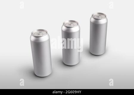 Template silver matte bottle with water or drink, standing on a white background, top view. Mockup of canned carbon containers for presentation of des Stock Photo