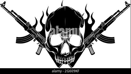 vector Skull with machine guns Kalashnikov AK-47. Stock Vector