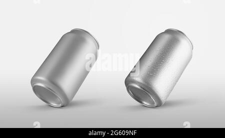 Mockup of small aluminum cans with water drops isolated on a white background. Tin bottle template with soda or water, for presentation of design and Stock Photo