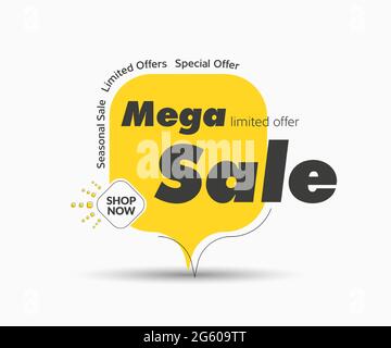 Yellow rounded square vector tag template for big sale. Banner design with black elements for discounts and a rhombus button. Stock Vector