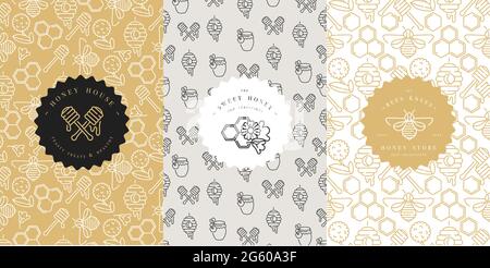 Vector logo, packaging design templates in trendy linear style - natural honey packaging - typography labels and with floral patterns. Flower pattern.