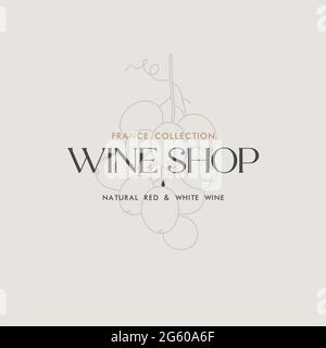 Vector linear illustration of grape branch with typography. Emblem or logo for wine shop Stock Vector