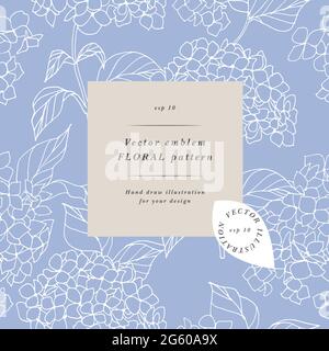 Vintage card with hydrangea flowers. Floral wreath. Flower frame for flowershop with label designs. Summer floral greeting card. Seamless pattern for Stock Vector