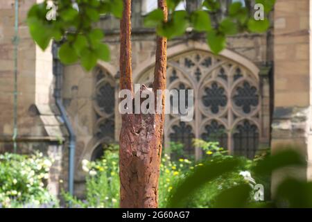 Hereford Cathedral, Hereford, UK - Beyond Limitations sculpture by John O'Connor made of iron resin and stainless steel Stock Photo