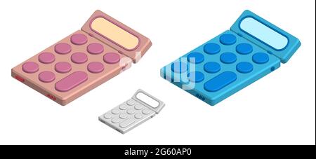 isometric toy calculator. Learning tools. Calculation of finances and accurate bookkeeping. Realistic 3D vector isolated on white Stock Vector