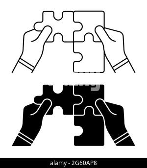 Linear icon. Man hands connect puzzle pieces. Teamwork. Joining forces to complete task. Simple black and white vector Stock Vector