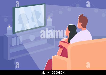 Couple watch movie flat color vector illustration Stock Vector