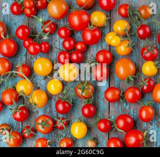 Multicolored tomatoes top view. Pattern of yellow, red and orange cherry tomatoes. Tomato summer harvest of vegetables. Stock Photo
