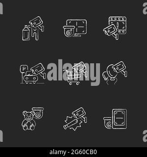 Securing home and business chalk white icons set on dark background Stock Vector