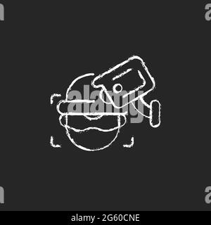 Criminal detection with surveillance camera chalk white icon on dark background Stock Vector