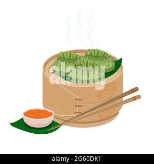 Homemade chinese cuisine Steamed Baozi with bamboo steamer. Green dumplings in bamboo basket. Vector vegetable spinach steam momo with chopsticks and Stock Vector