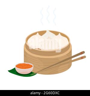 Baozi Mantou Momo Khinkali. Asian traditional food dumplings in bamboo steamer. Vector icon with chinese food steamed dumplings or buns. Khinkali Stock Vector