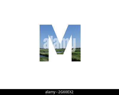 letter M of the alphabet made with landscape with grass, stream and a blue sky Stock Photo