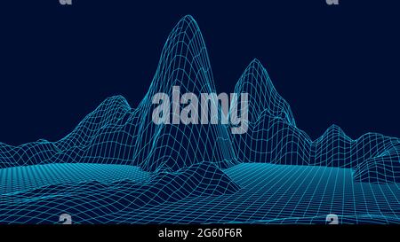 Abstract wireframe landscape design on blue background. Technology vector grid. Curve connection structure. Digital futuristic wave. Stock Vector
