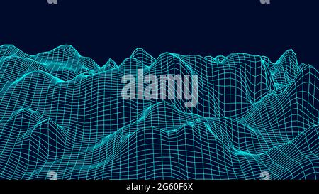 Abstract wireframe landscape design on blue background. Technology vector grid. Curve connection structure. Digital futuristic wave. Stock Vector