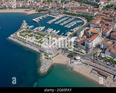 AERIAL VIEW. The Vieux-Port (Old Marina) in the seaside resort of Saint-Raphaël. French Riviera, Var, France. Stock Photo