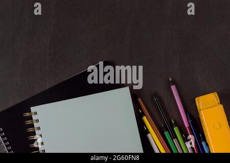 Assortment school supplies items of various stationery equipment Stock Photo