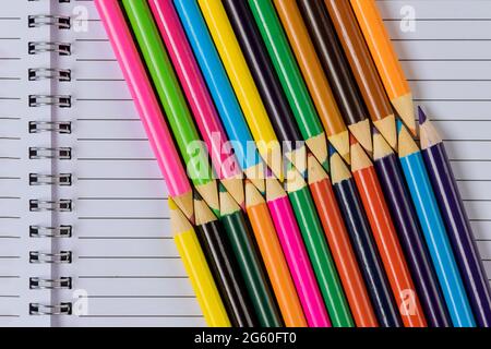 A variety of colored different stationery in stands on a school supplies Stock Photo