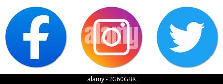 Vinnytsia, Ukraine - July 1, 2021: Instagram, Facebook and Twitter Icons. Set of Social Media Logo. Editorial Vector Buttons Stock Vector