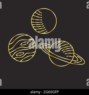 Set Planets linear icons isolated universe concept, trending gold color Stock Vector